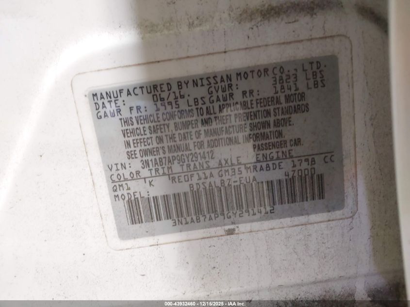 2016 Nissan Sentra S VIN: 3N1AB7AP9GY291412 Lot: 43932460