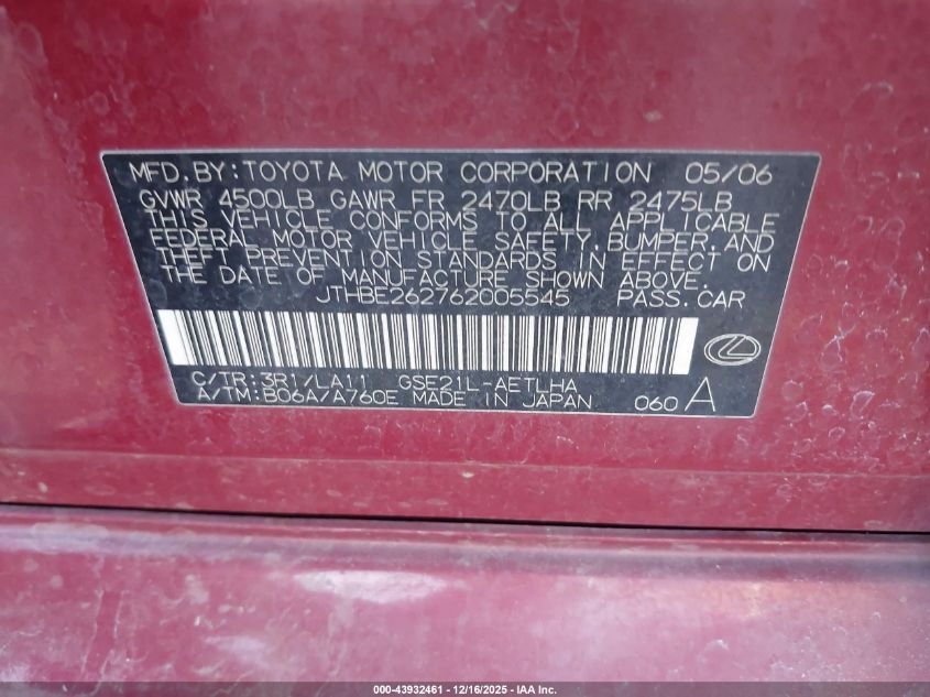 2006 Lexus Is 350 VIN: JTHBE262762005545 Lot: 43932461