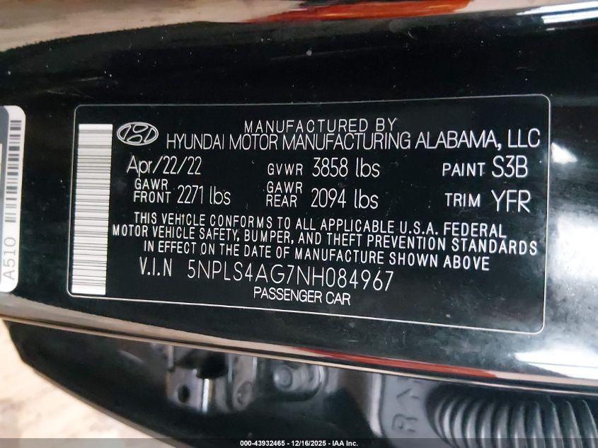 2022 Hyundai Elantra Sel VIN: 5NPLS4AG7NH084967 Lot: 43932465