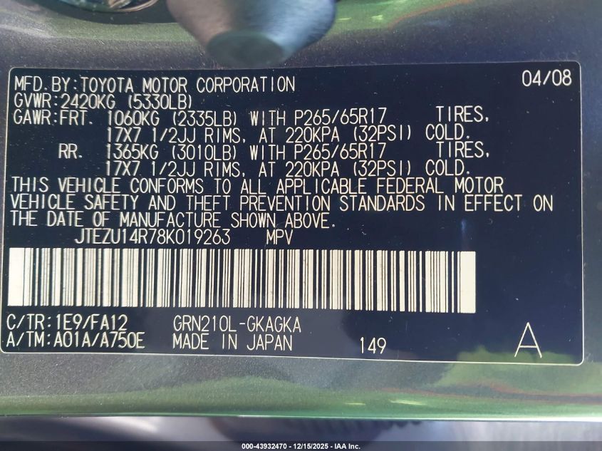 2008 Toyota 4Runner Sr5 V6 VIN: JTEZU14R78K019263 Lot: 43932470