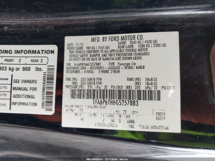 2016 Ford Mustang Ecoboost VIN: 1FA6P8TH6G5257883 Lot: 43932474