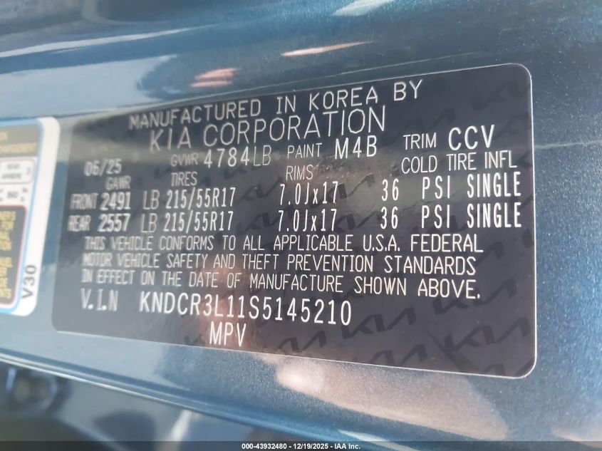 2025 Kia Niro Ev Wind VIN: KNDCR3L11S5145210 Lot: 43932480