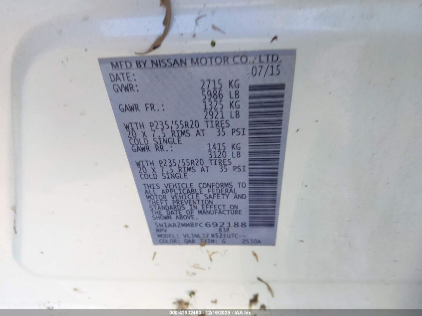 2015 Nissan Pathfinder Platinum VIN: 5N1AR2MM8FC692188 Lot: 43932483