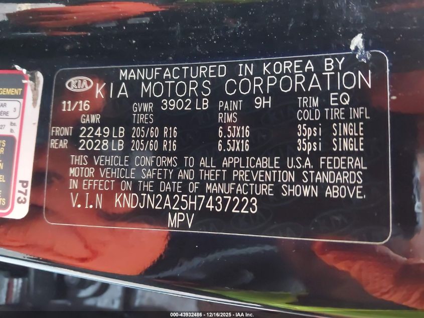 2017 Kia Soul VIN: KNDJN2A25H7437223 Lot: 43932486