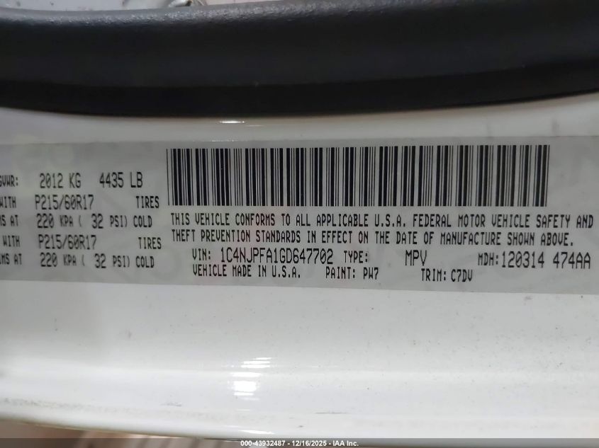 2016 Jeep Patriot Latitude VIN: 1C4NJPFA1GD647702 Lot: 43932487