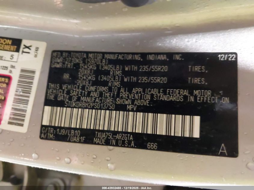 2023 Toyota Highlander Limited VIN: 5TDKDRBH2PS013750 Lot: 43932488