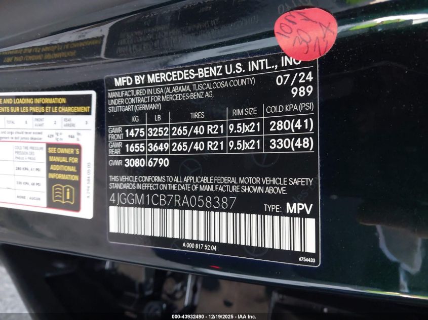 2024 Mercedes-Benz Eqe 350 Suv 4Matic VIN: 4JGGM1CB7RA058387 Lot: 43932490