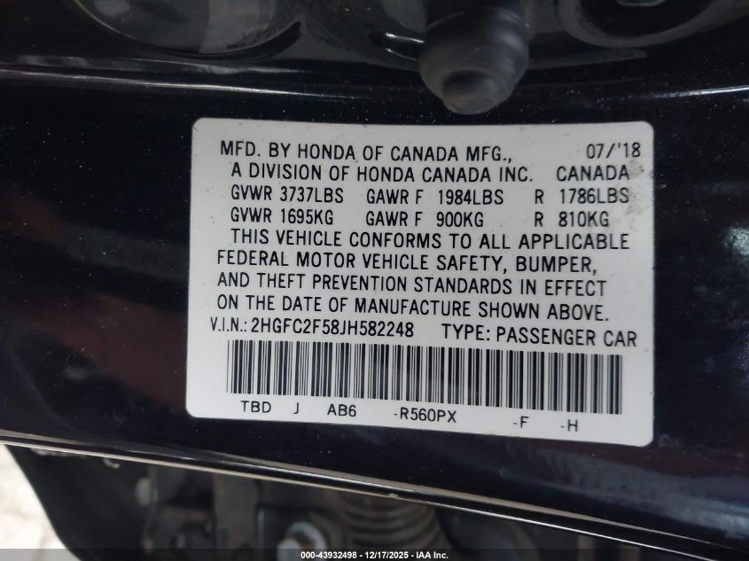 2018 Honda Civic Lx VIN: 2HGFC2F58JH582248 Lot: 43932498