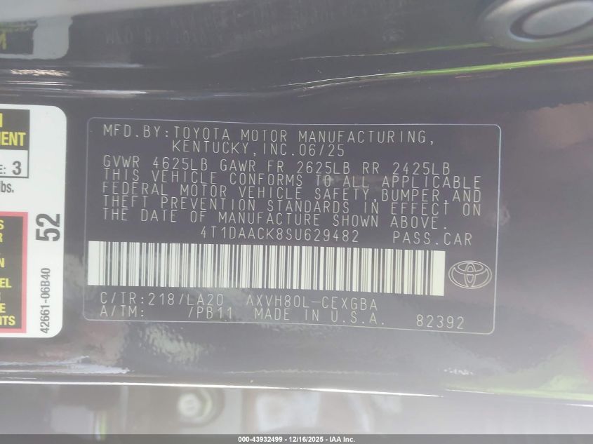 2025 Toyota Camry Xle VIN: 4T1DAACK8SU629482 Lot: 43932499
