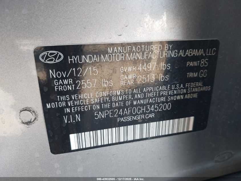 2016 Hyundai Sonata Se VIN: 5NPE24AF0GH345200 Lot: 43932505