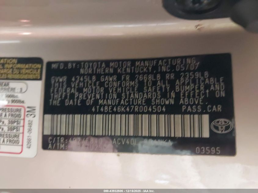 2007 Toyota Camry Le VIN: 4T4BE46K47R004504 Lot: 43932506