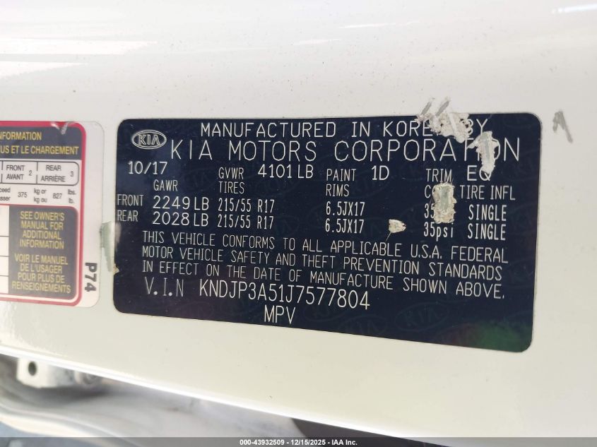 2018 Kia Soul + VIN: KNDJP3A51J7577804 Lot: 43932509