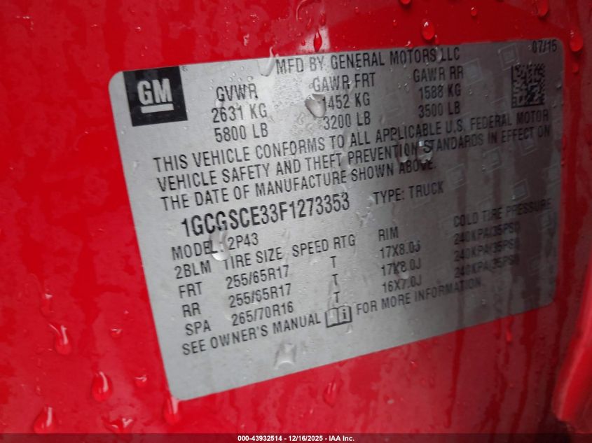 2015 Chevrolet Colorado Z71 VIN: 1GCGSCE33F1273353 Lot: 43932514