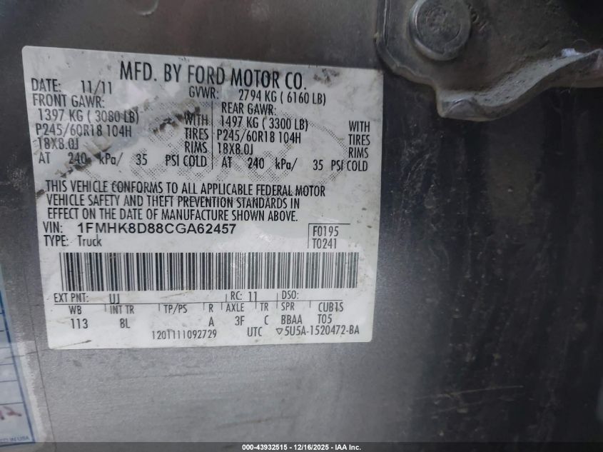 2012 Ford Explorer Xlt VIN: 1FMHK8D88CGA62457 Lot: 43932515