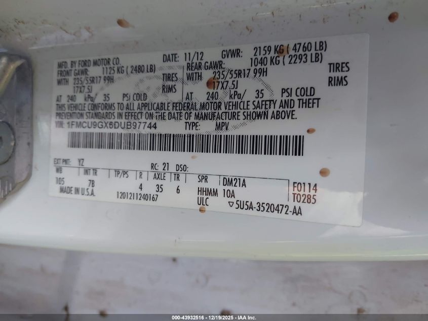 2013 Ford Escape Se VIN: 1FMCU9GX6DUB97744 Lot: 43932516