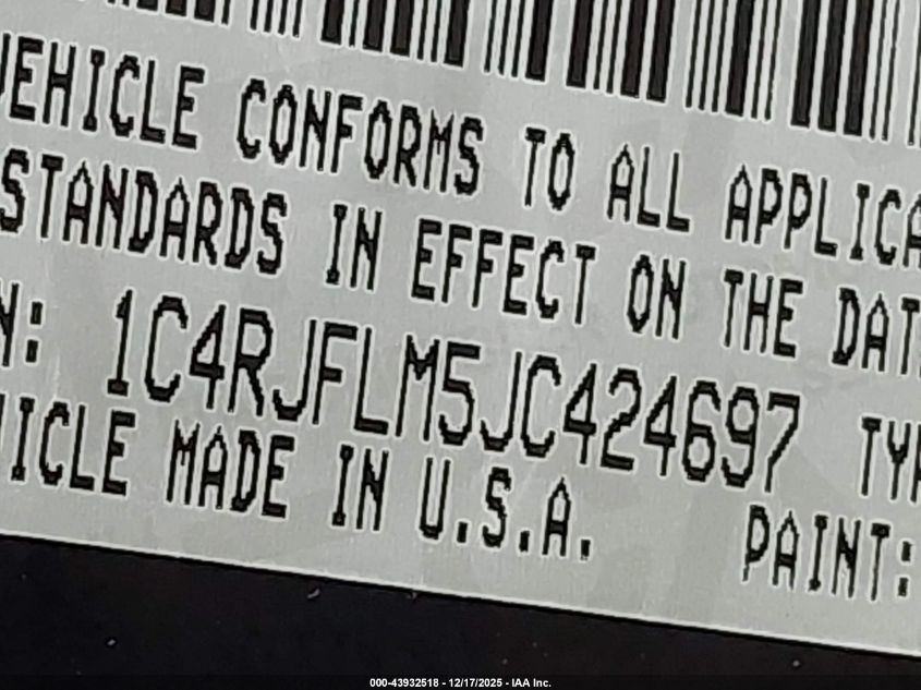 2018 Jeep Grand Cherokee Trailhawk 4X4 VIN: 1C4RJFLM5JC424697 Lot: 43932518