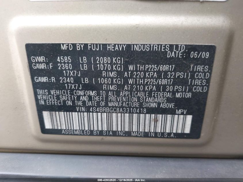 2010 Subaru Outback 2.5I Premium VIN: 4S4BRBGC8A3310418 Lot: 43932520