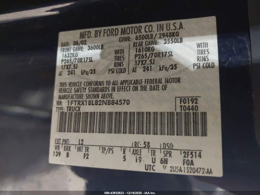 2002 Ford F-150 Lariat/Xl/Xlt VIN: 1FTRX18L82NB84570 Lot: 43932523