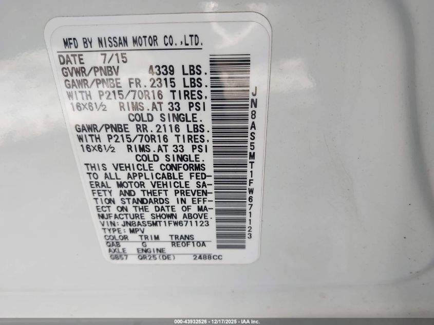 2015 Nissan Rogue Select S VIN: JN8AS5MT1FW671123 Lot: 43932526