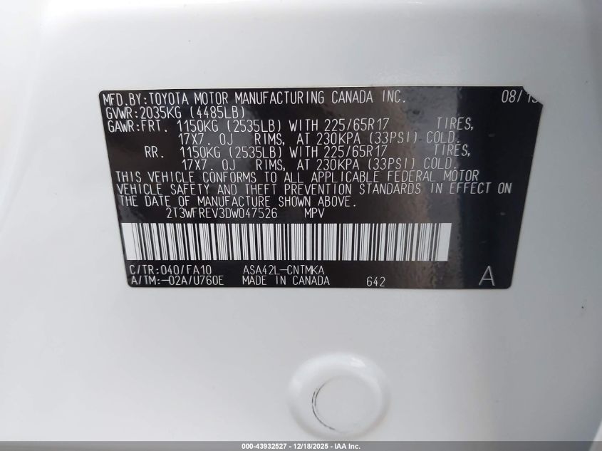 2013 Toyota Rav4 Xle VIN: 2T3WFREV3DW047526 Lot: 43932527