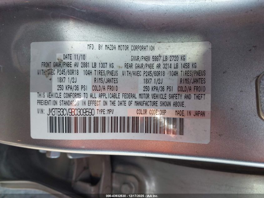 2011 Mazda Cx-9 Touring VIN: JM3TB3CV9B0309590 Lot: 43932530