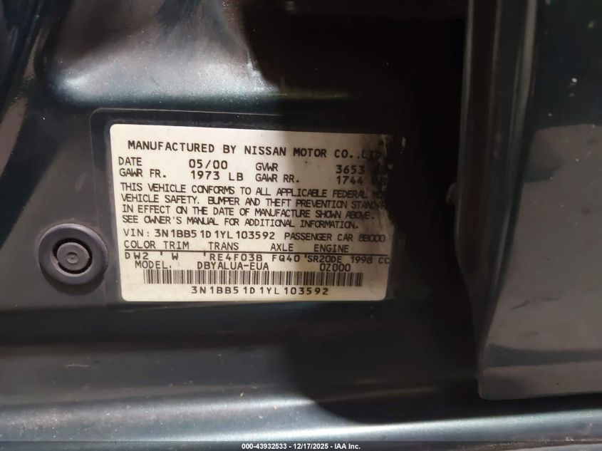 2000 Nissan Sentra Se VIN: 3N1BB51D1YL103592 Lot: 43932533