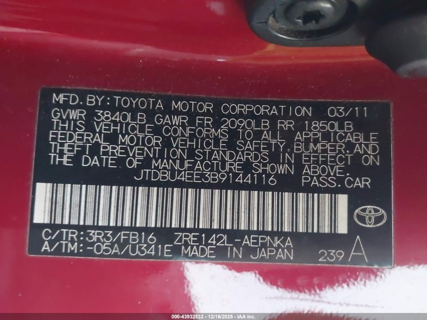 2011 Toyota Corolla Le VIN: JTDBU4EE3B9144116 Lot: 43932532