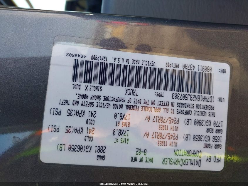 2003 Dodge Ram 1500 Slt/Laramie/St VIN: 1D7HA16N23J507303 Lot: 43932535