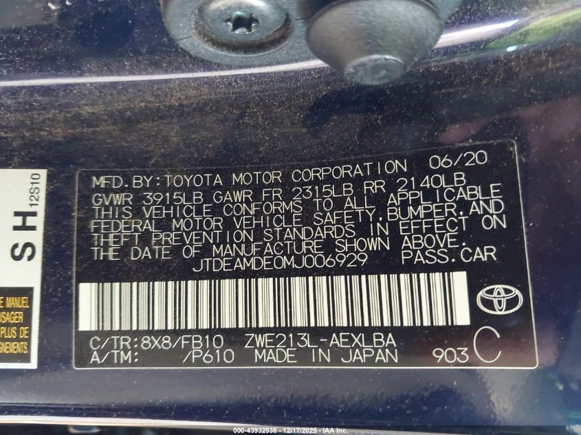 2021 Toyota Corolla Hybrid Le VIN: JTDEAMDE0MJ006929 Lot: 43932536