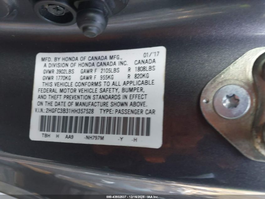 2017 Honda Civic Ex-T VIN: 2HGFC3B31HH357528 Lot: 43932537