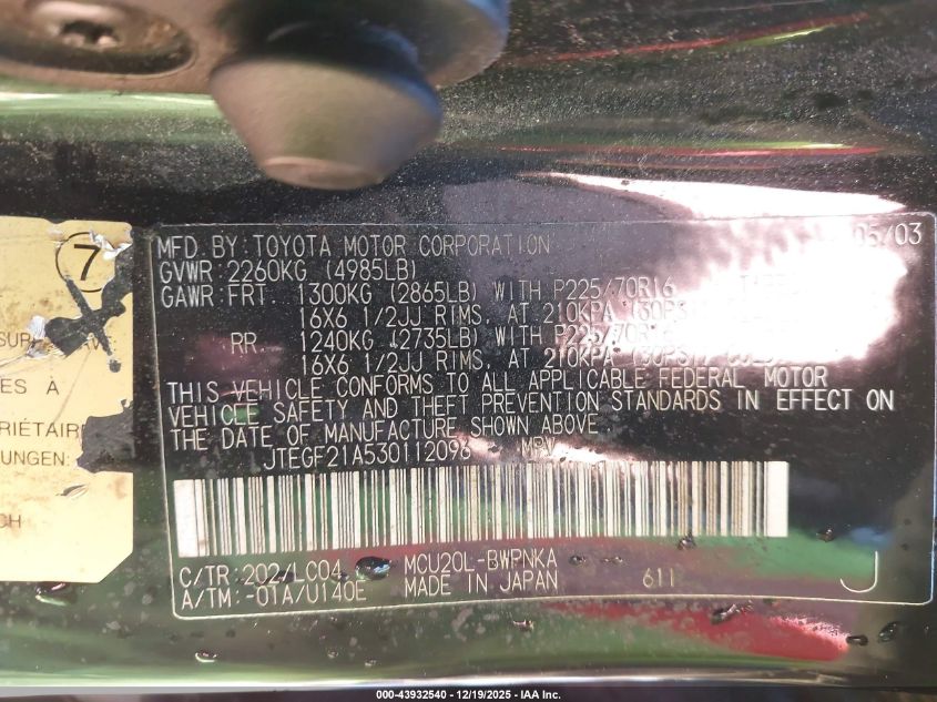 2003 Toyota Highlander Limited V6 VIN: JTEGF21A530112096 Lot: 43932540