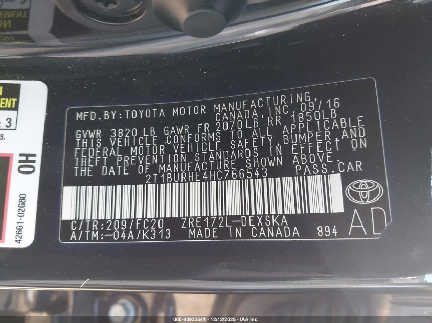 2017 Toyota Corolla Se VIN: 2T1BURHE4HC766543 Lot: 43932541