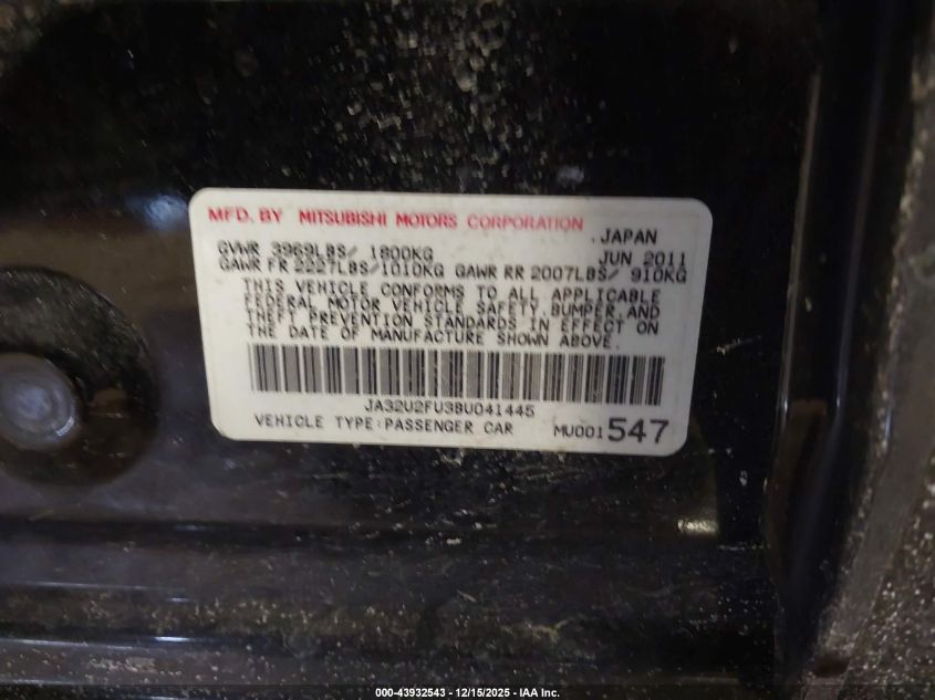 2011 Mitsubishi Lancer Es VIN: JA32U2FU3BU041445 Lot: 43932543
