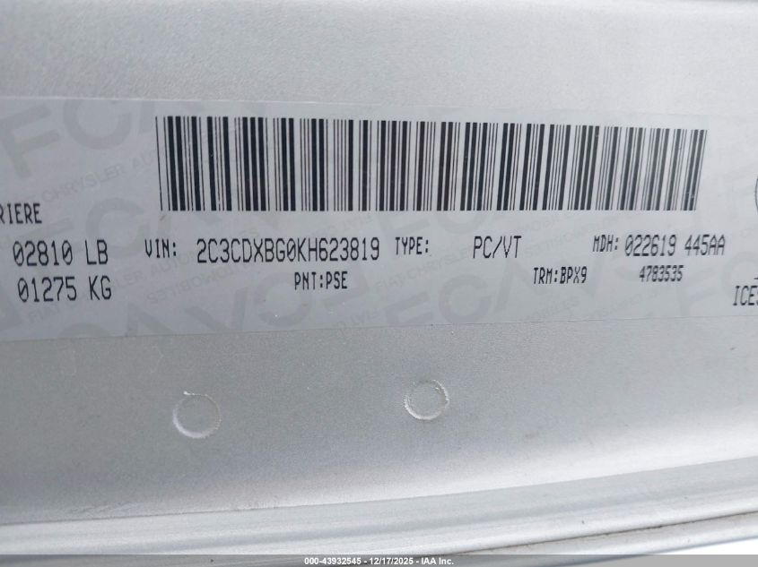 2019 Dodge Charger Sxt VIN: 2C3CDXBG0KH623819 Lot: 43932545