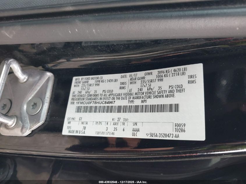 2017 Ford Escape S VIN: 1FMCU0F78HUC84967 Lot: 43932546