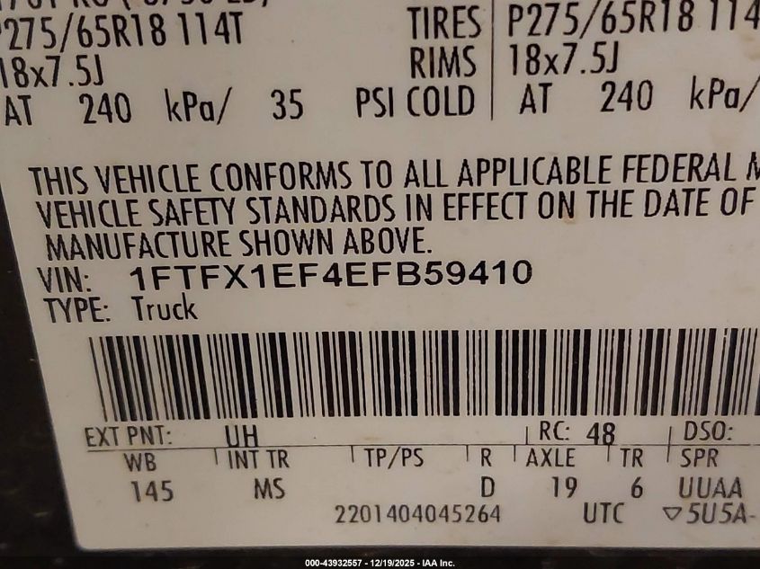 2014 Ford F-150 Xlt VIN: 1FTFX1EF4EFB59410 Lot: 43932557