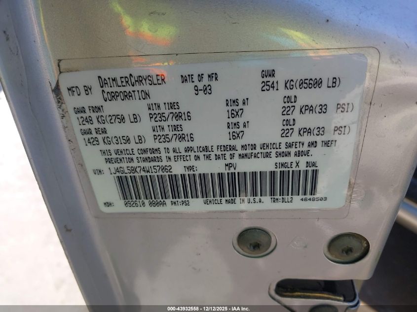 2004 Jeep Liberty Limited Edition VIN: 1J4GL58K74W157062 Lot: 43932558