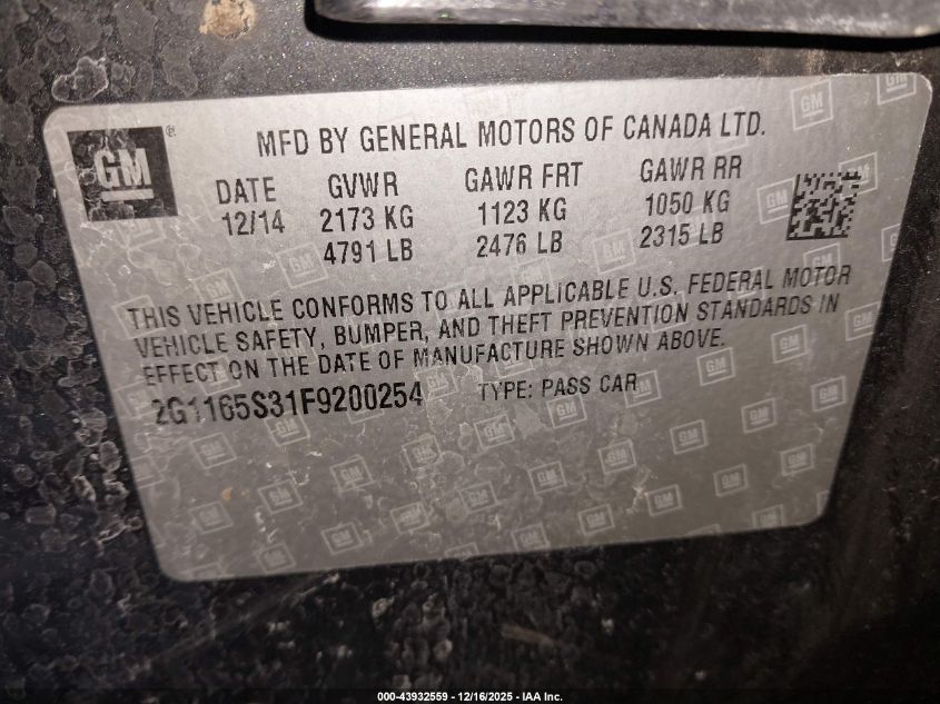2015 Chevrolet Impala 2Lz VIN: 2G1165S31F9200254 Lot: 43932559