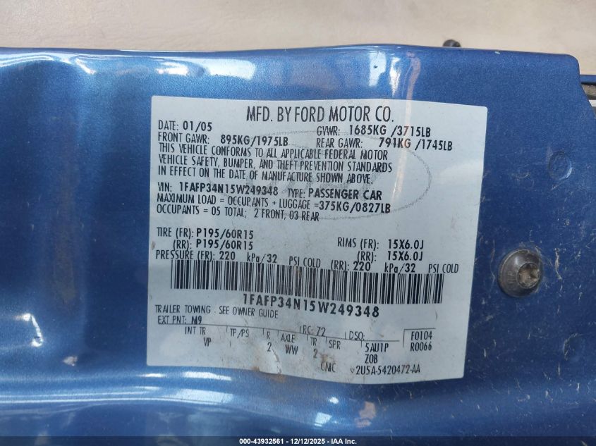 2005 Ford Focus Zx4 VIN: 1FAFP34N15W249348 Lot: 43932561