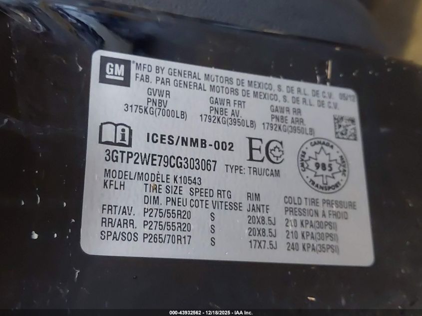 2012 GMC Sierra 1500 Slt VIN: 3GTP2WE79CG303067 Lot: 43932562