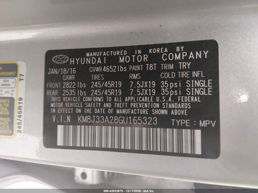 2016 Hyundai Tucson Limited VIN: KM8J33A28GU165323 Lot: 43932570