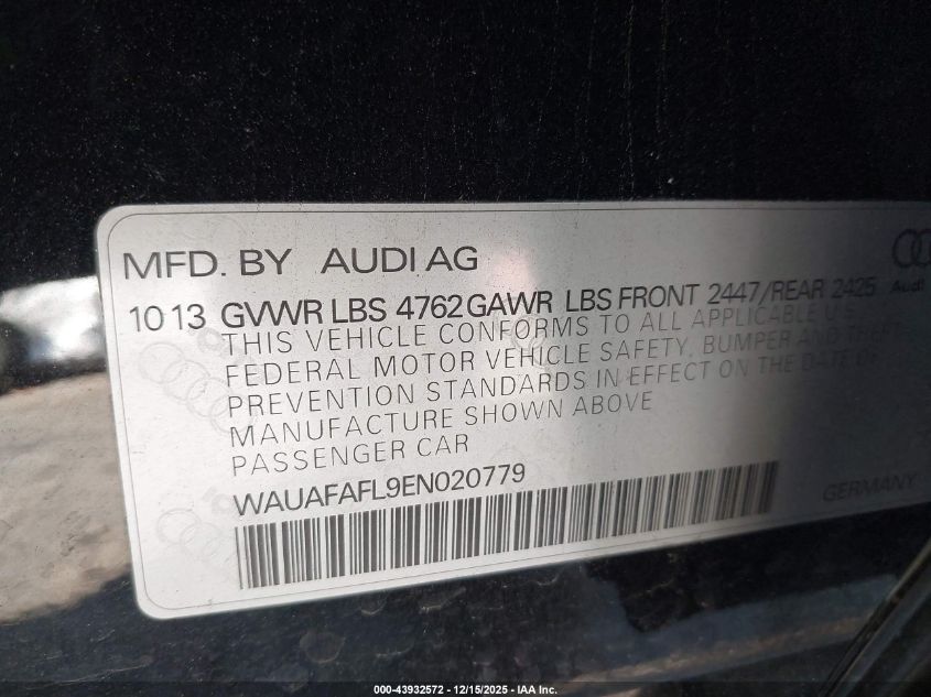 2014 Audi A4 2.0T Premium VIN: WAUAFAFL9EN020779 Lot: 43932572