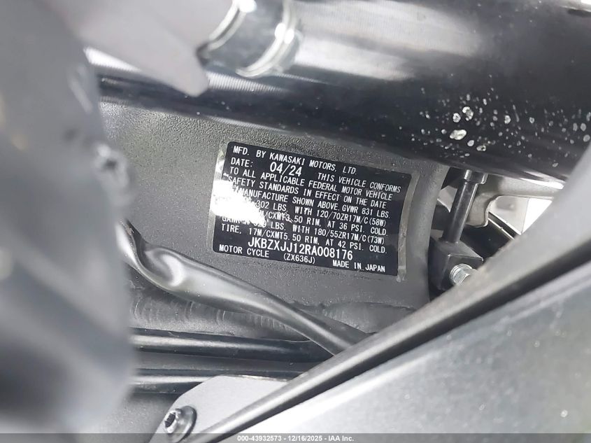 2024 Kawasaki Zx636 K VIN: JKBZXJJ12RA008176 Lot: 43932573