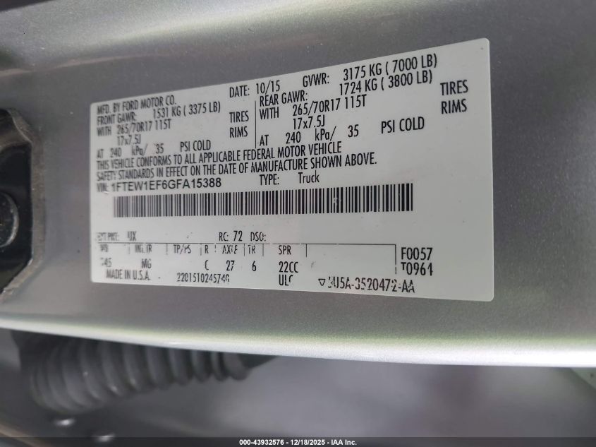 2016 Ford F-150 Xlt VIN: 1FTEW1EF6GFA15388 Lot: 43932576