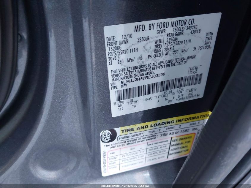 2011 Lincoln Navigator VIN: 5LMJJ2H57BEJ03590 Lot: 43932580