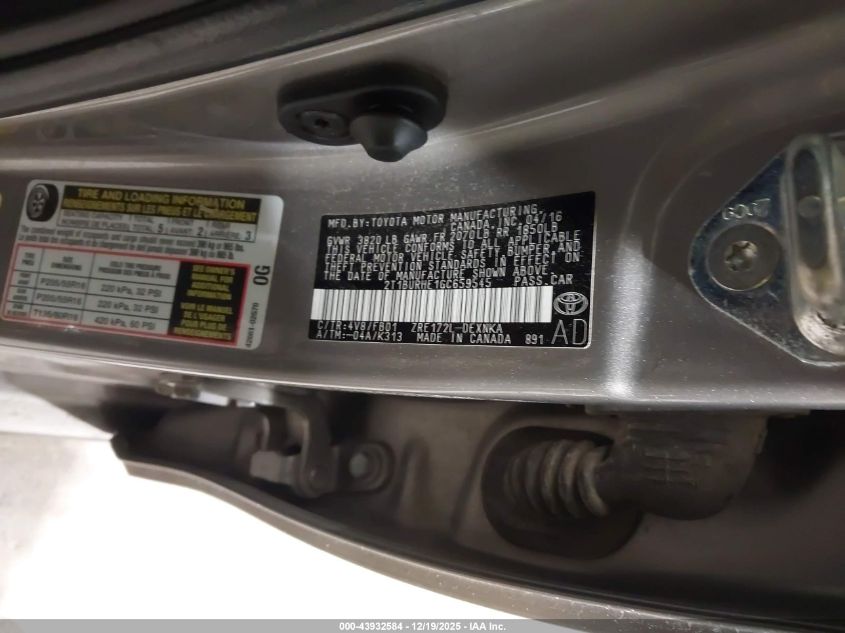 2016 Toyota Corolla Le VIN: 2T1BURHE1GC659545 Lot: 43932584