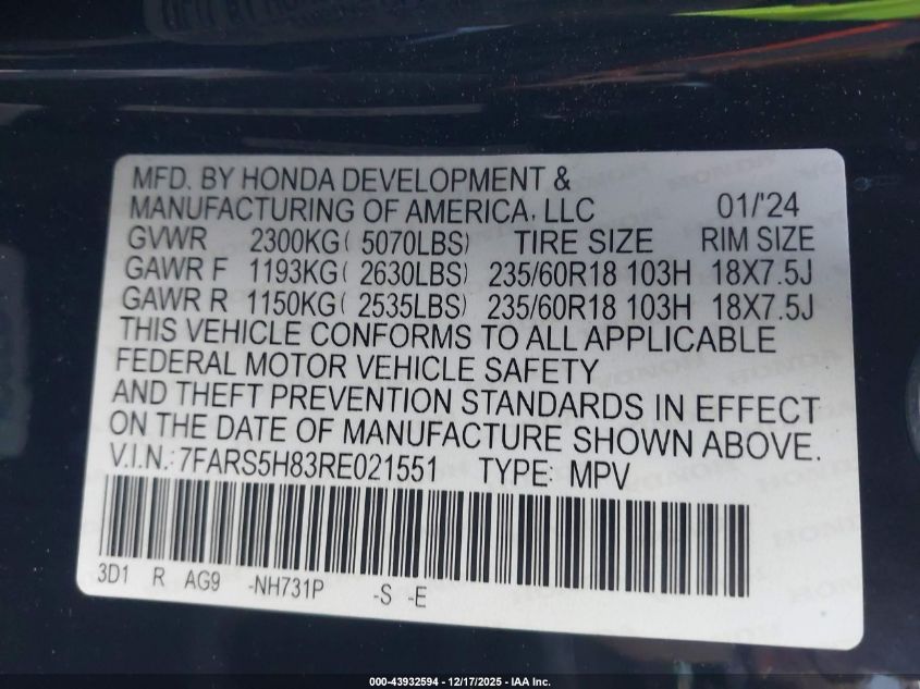 2024 Honda Cr-V Hybrid Sport-L VIN: 7FARS5H83RE021551 Lot: 43932594