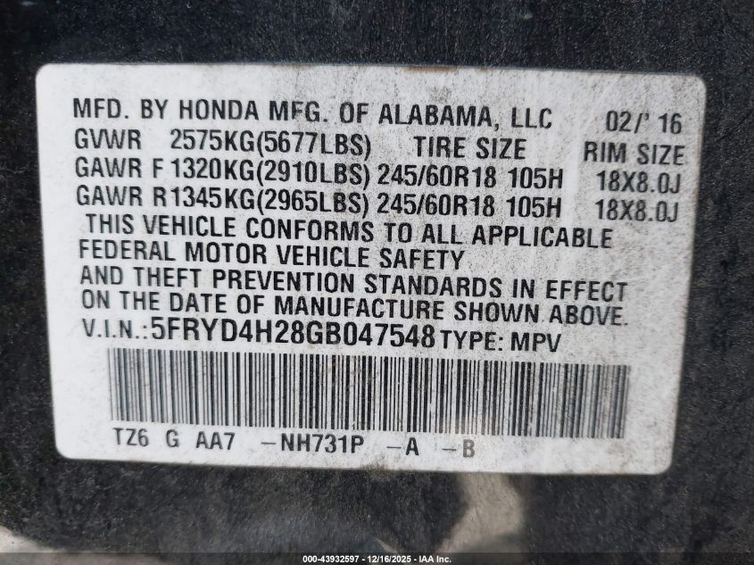 2016 Acura Mdx Acurawatch Plus Package VIN: 5FRYD4H28GB047548 Lot: 43932597