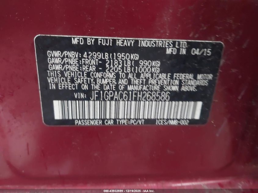 2015 Subaru Impreza 2.0I Premium VIN: JF1GPAC61FH268586 Lot: 43932599