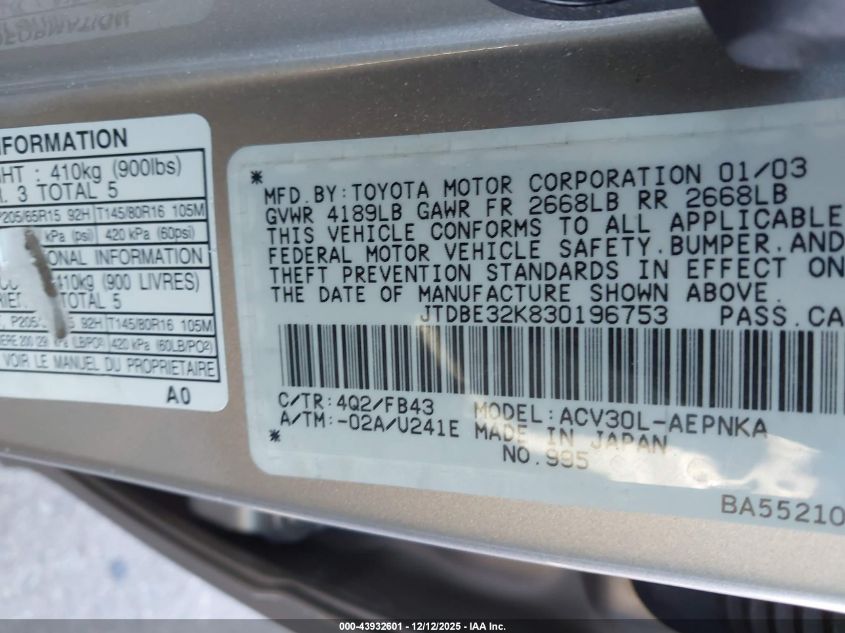 2003 Toyota Camry Le VIN: JTDBE32K830196753 Lot: 43932601